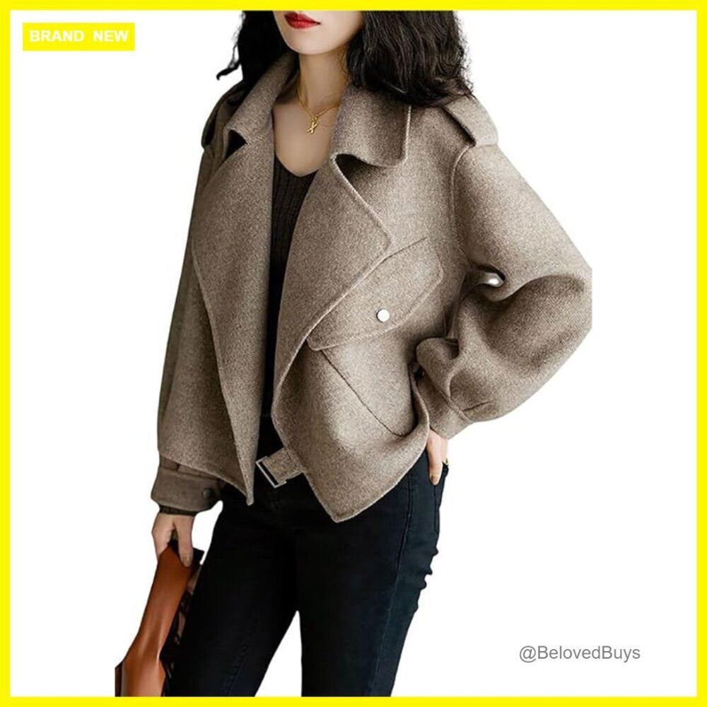 Cropped Wool Blazer Jacket Open Front Loose Fit Trench Coat Women's Casual